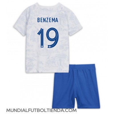 Camiseta Francia Karim Benzema #19 Segunda Equipación Replica Mundial 2022 para niños mangas cortas (+ Pantalones cortos)